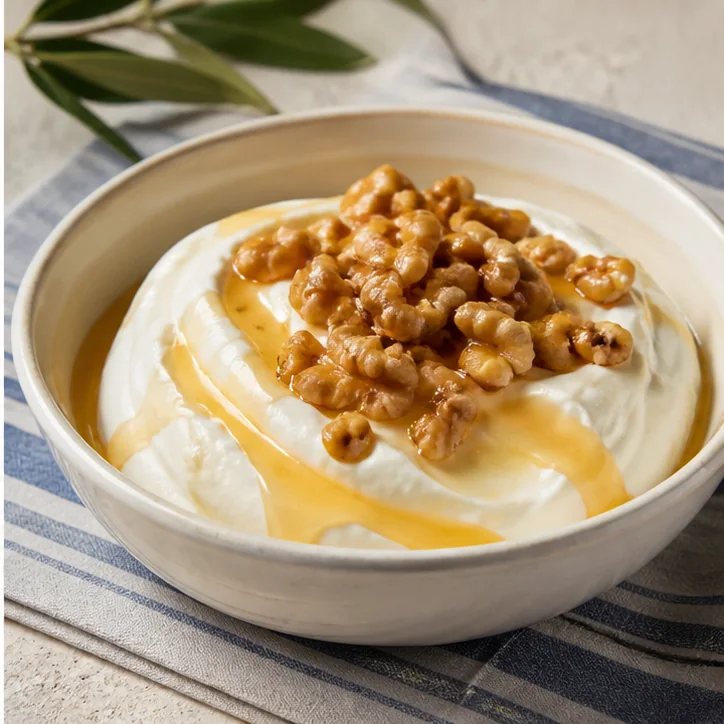 Illustrativer Serviervorschlag mit griechischem Joghurt, Honig und Walnüssen