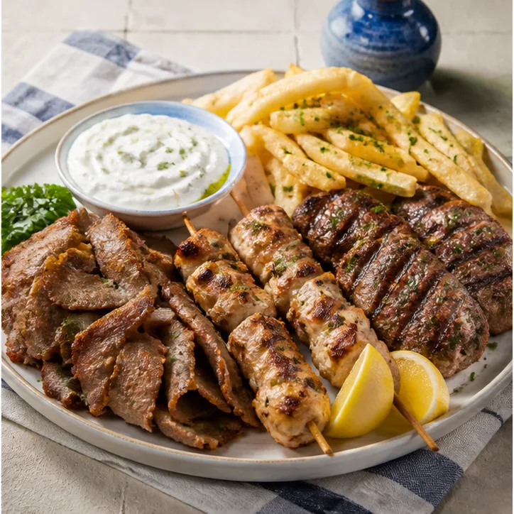 Illustrativer Serviervorschlag mit Gyros, Suflaki, Bifteki, Pommes, Zaziki und Zitrone
